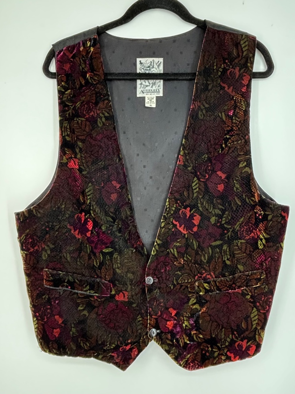 Attitudes Mens XL Two Button Vest Dark Floral Velvet Black Back Vintage Made USA